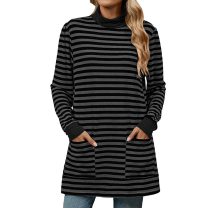 Women’s Turtleneck Striped Long Sleeve Shirt with Pockets