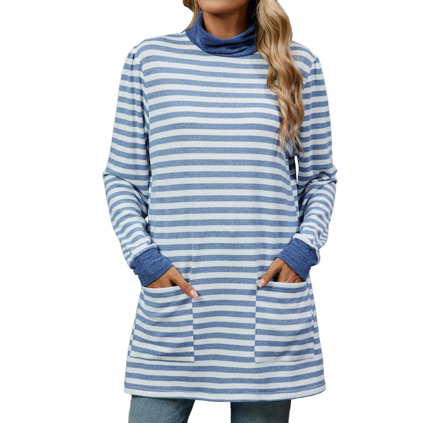 Women’s Turtleneck Striped Long Sleeve Shirt with Pockets