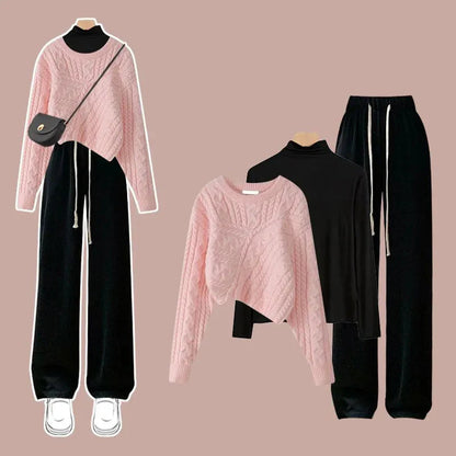 Autumn and Winter Set Women's 2024 New Korean Knitted Sweater Women's Underlay Casual Pants Three Piece Set Winter Clothes Women AMAIO