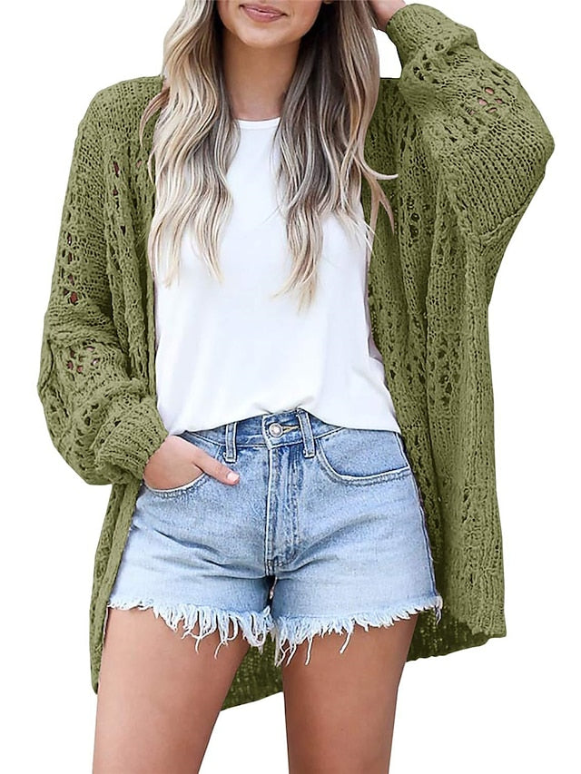 Women's Cardigan Sweater Jumper Crochet Knit Hole Solid Color Open Front Stylish Casual Daily Going out Summer Spring Purple Green S M L - LuckyFash™