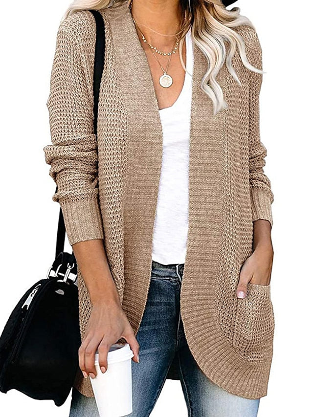 Women's Cardigan Pocket Knitted Solid Color Basic Casual Chunky Long Sleeve Loose Sweater Cardigans Open Front Fall Winter Beige - LuckyFash™