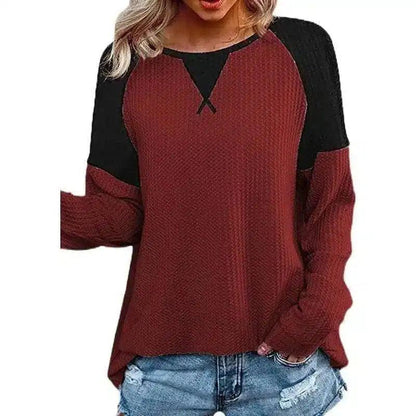 LOVEMI - Lovemi - Waffle Stitching Long-sleeved Round Neck T-shirt