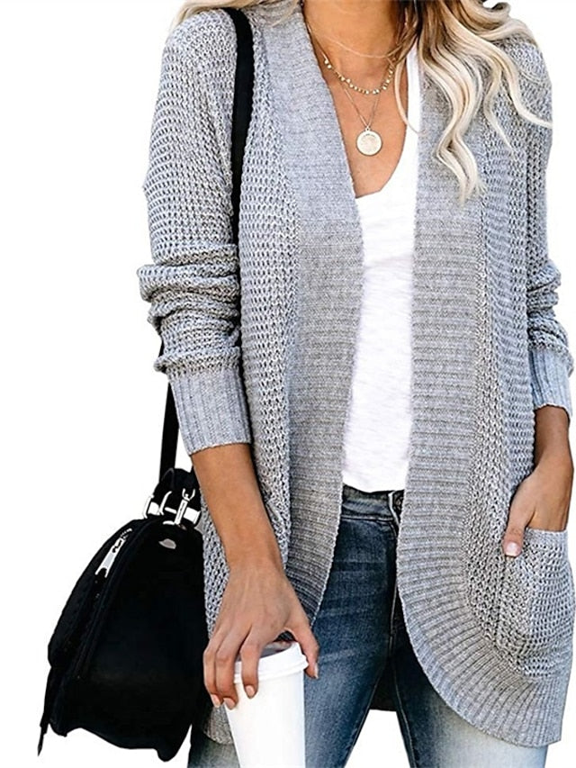 Women's Cardigan Pocket Knitted Solid Color Basic Casual Chunky Long Sleeve Loose Sweater Cardigans Open Front Fall Winter Beige - LuckyFash™