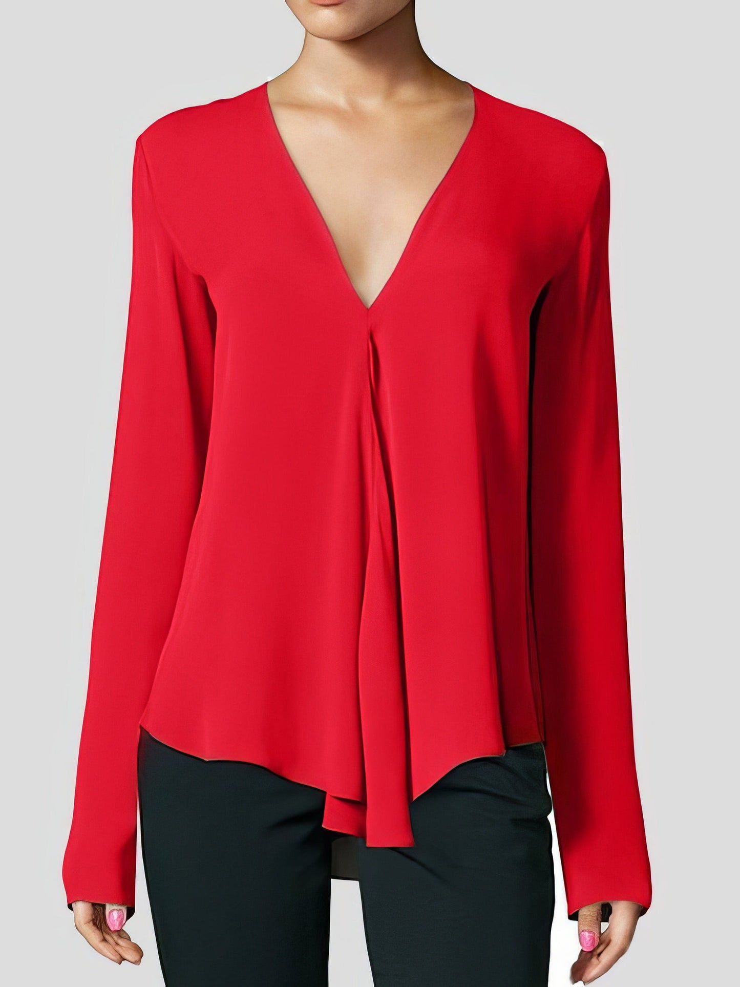 V-neck Long-sleeved Chiffon Solid Blouse - Drop Shoulder - Closed - Shirt