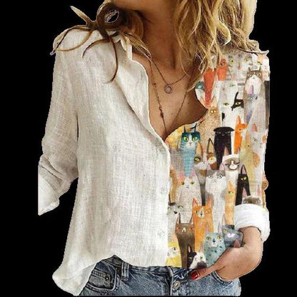 Women Button Turn-Down Collar Vintage Casual Printed Blouses freeshipping - Tyche Ace