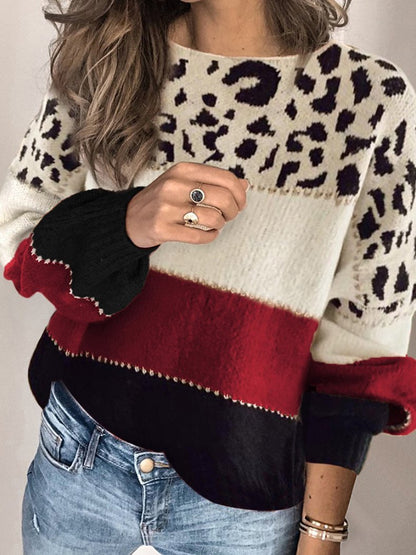 Women's Sweaters Leopard Print Stitching Round Neck Loose Sweater - LuckyFash™