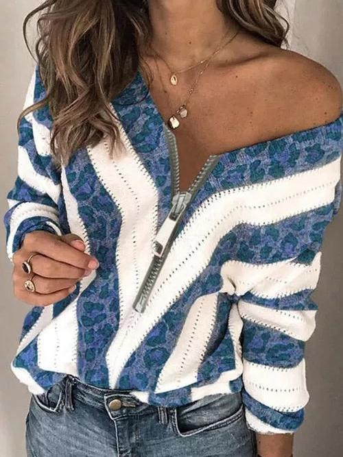 Women's Sweaters Leopard Print V-Neck Zip Long Sleeve Sweater - LuckyFash™