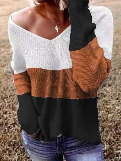 Women's Sweaters V-Neck Long Sleeve Striped Knitted Sweater - MsDressly